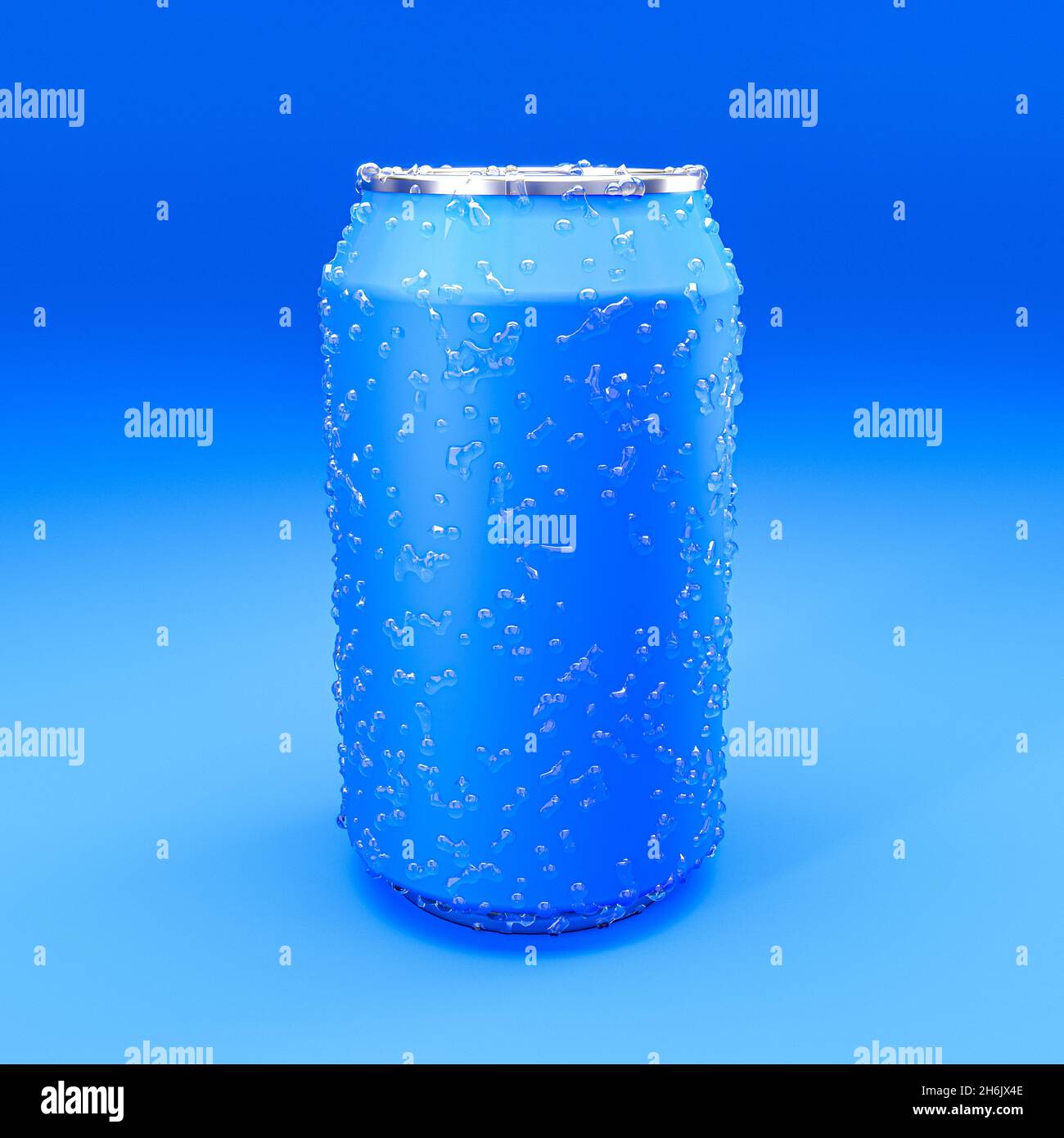 lattine blu con gocce di condensa su sfondo blu. rendering 3d Foto Stock