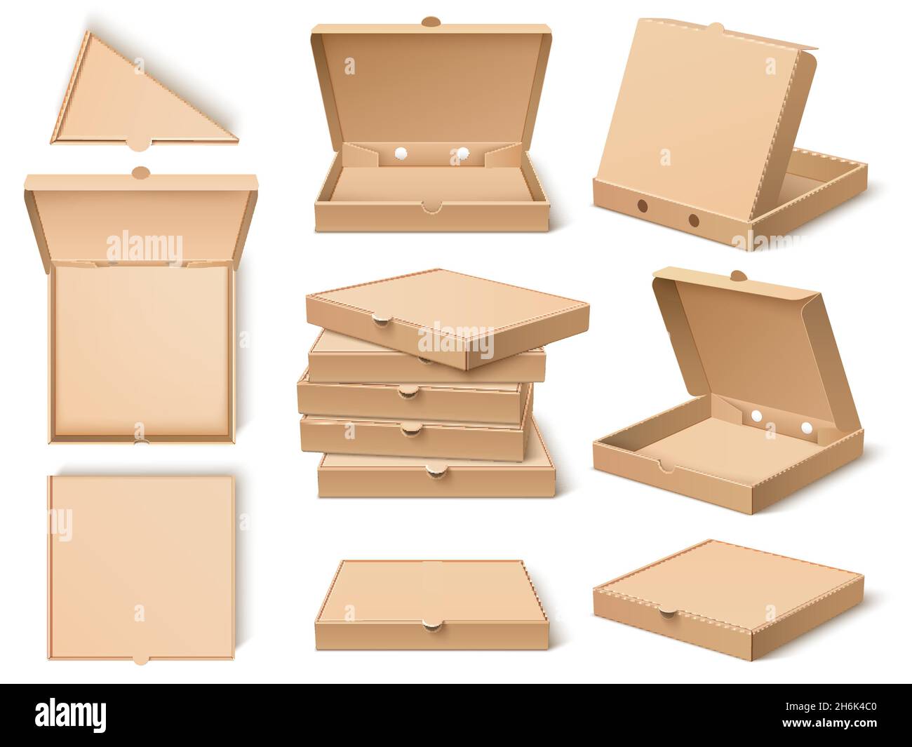 Scatola di cartone per pizza. Modello realistico di imballaggio di cibo di  carta artigianale, aperto, chiuso, diversi angoli di visualizzazione,  singoli oggetti, set di vettori stack Immagine e Vettoriale - Alamy