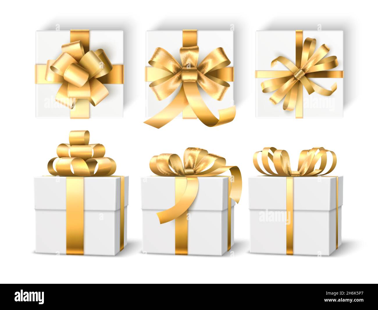 Confezioni regalo realistiche. mockup di confezioni bianche per le festività in 3d, nastri d'oro e diverse centine, modelli di confezioni regalo, vista dall'alto e laterale. Set vettoriale Illustrazione Vettoriale