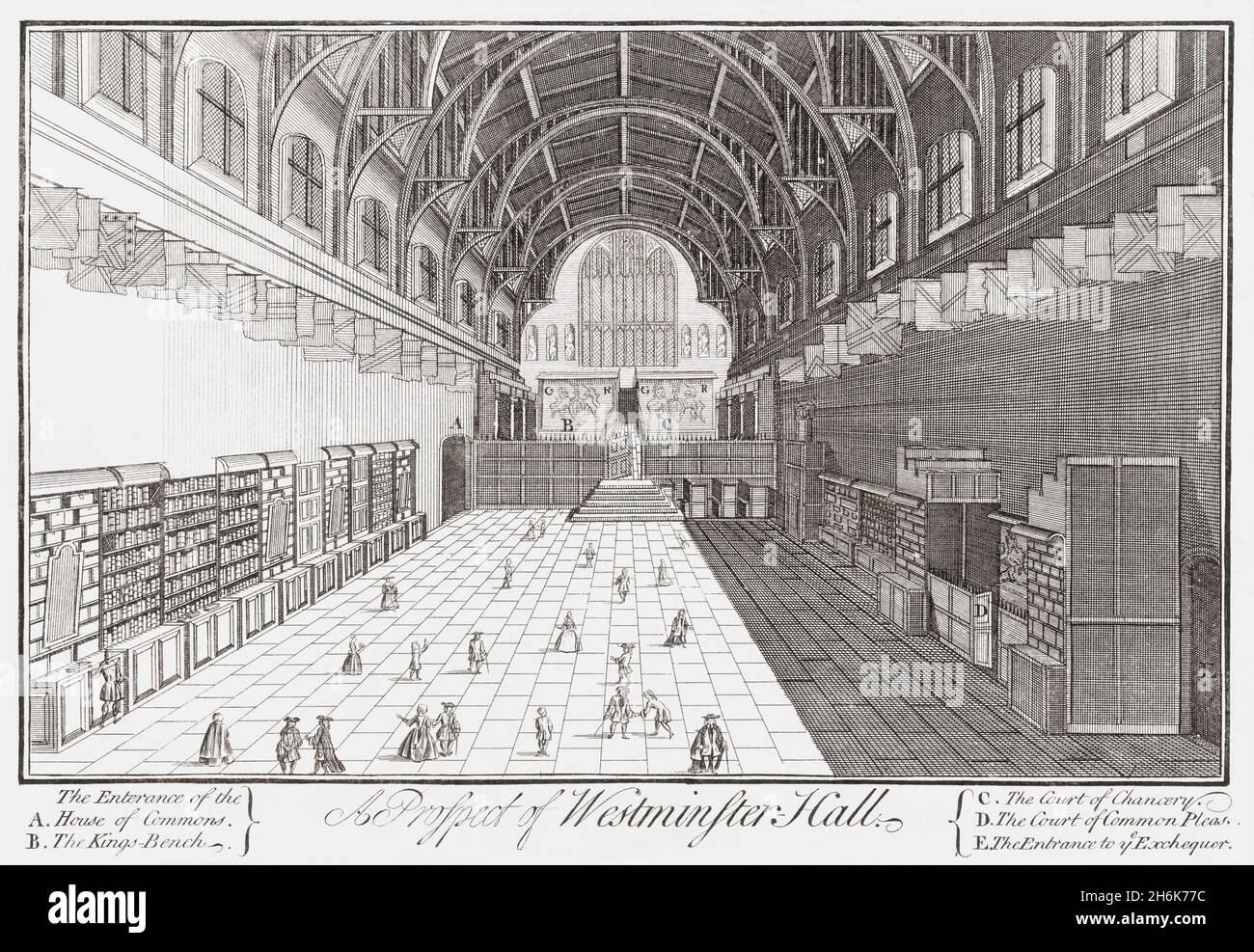 L'interno di Westminster Hall, Londra, Inghilterra circa 1725. La Hall è la parte più antica del Palazzo di Westminster. E 'stato originariamente costruito nel 1097. Dopo una stampa contemporanea di un artista non identificato. Foto Stock