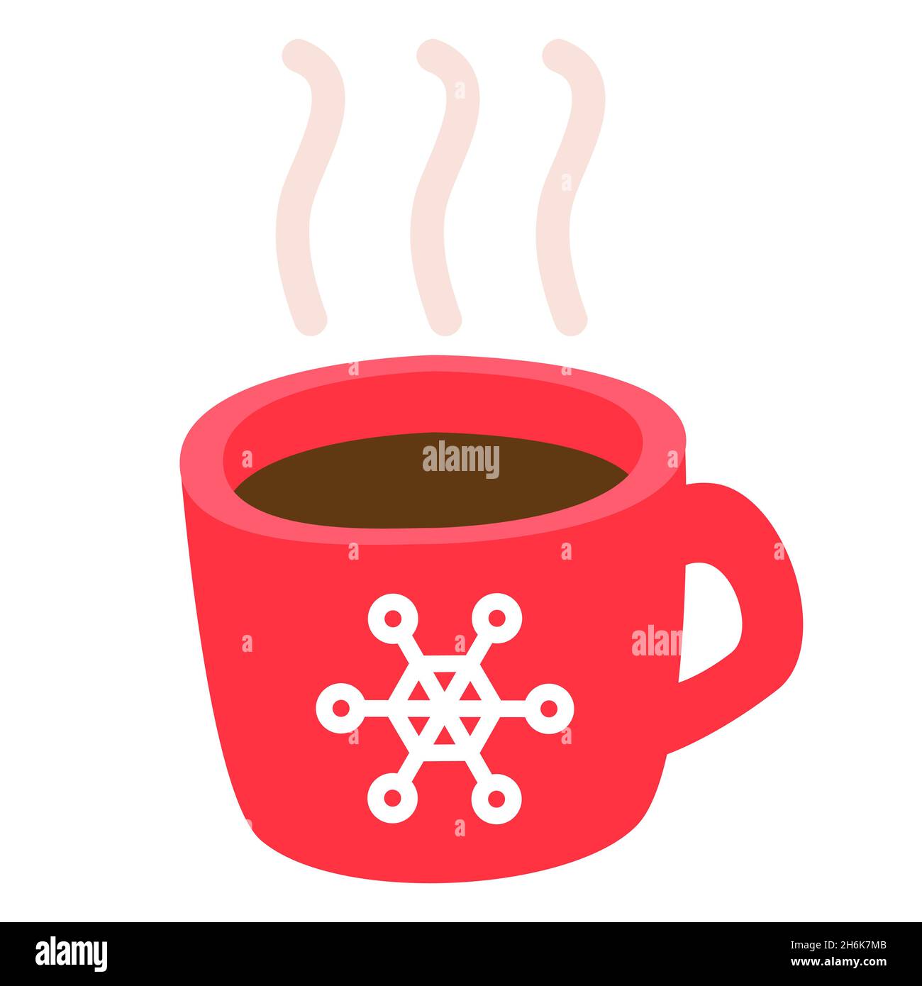 Divertente tazza cartoon con tè caldo o caffè, carina illustrazione vettoriale in stile piatto. Colori rosso, marrone e bianco. Stampa fiocco di neve. Bevanda calda invernale, accogliente Illustrazione Vettoriale