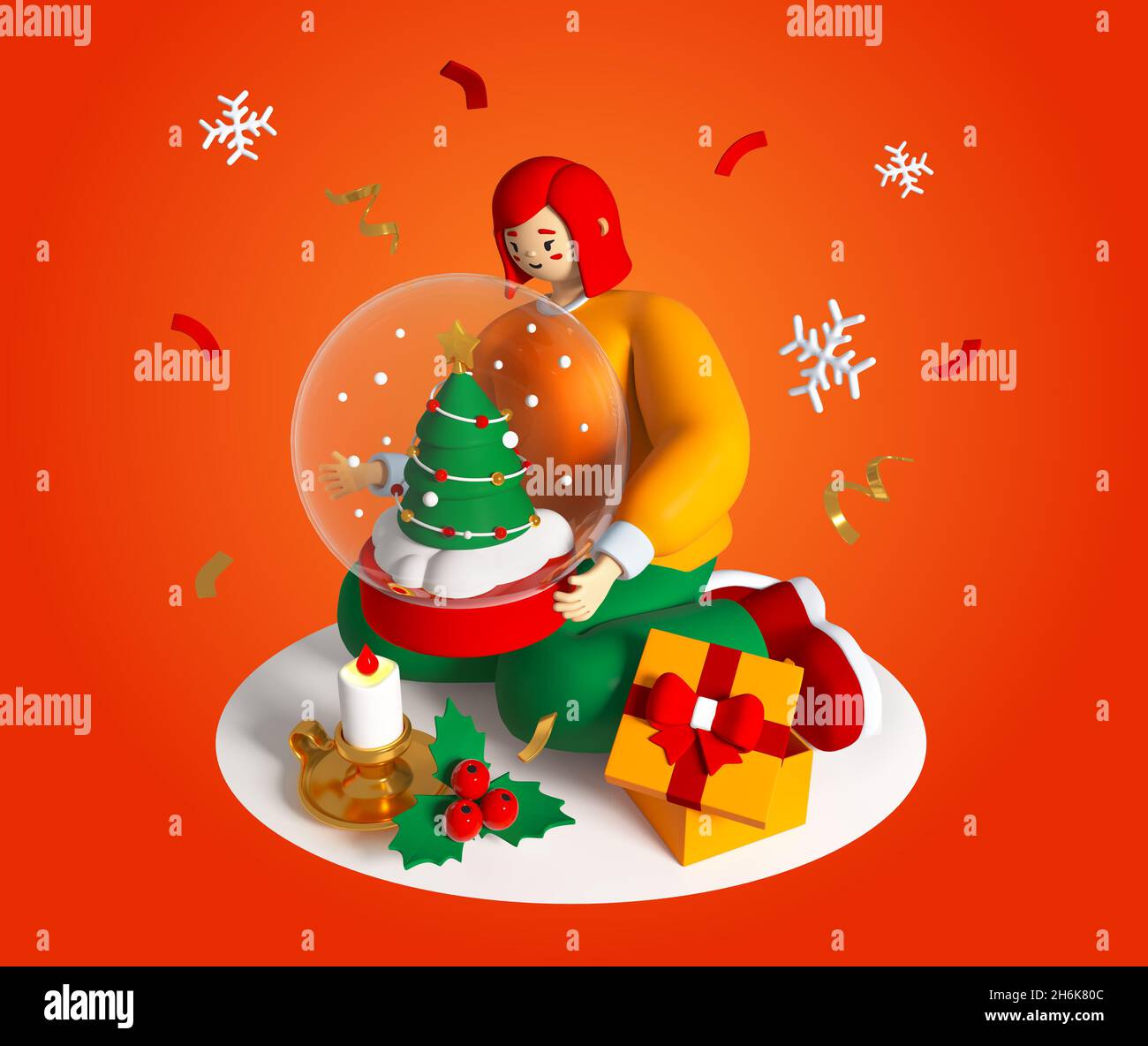 Apertura regali di Natale - colorata illustrazione in stile 3D con  personaggio cartoon. Ragazza allegra che tiene una palla di vetro con  l'albero di abete. Fiocchi di neve falli Foto stock -