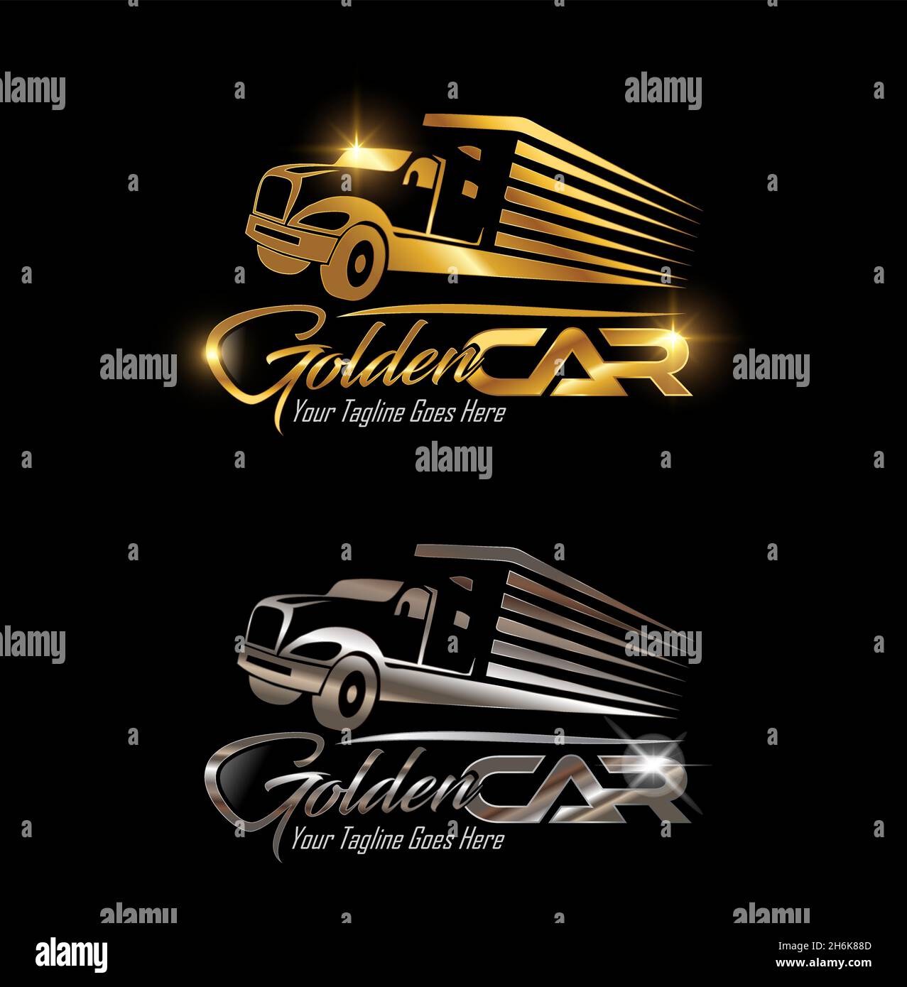 Un set di illustrazioni vettoriali con logo Vector per il trasporto di veicoli in oro e argento Illustrazione Vettoriale