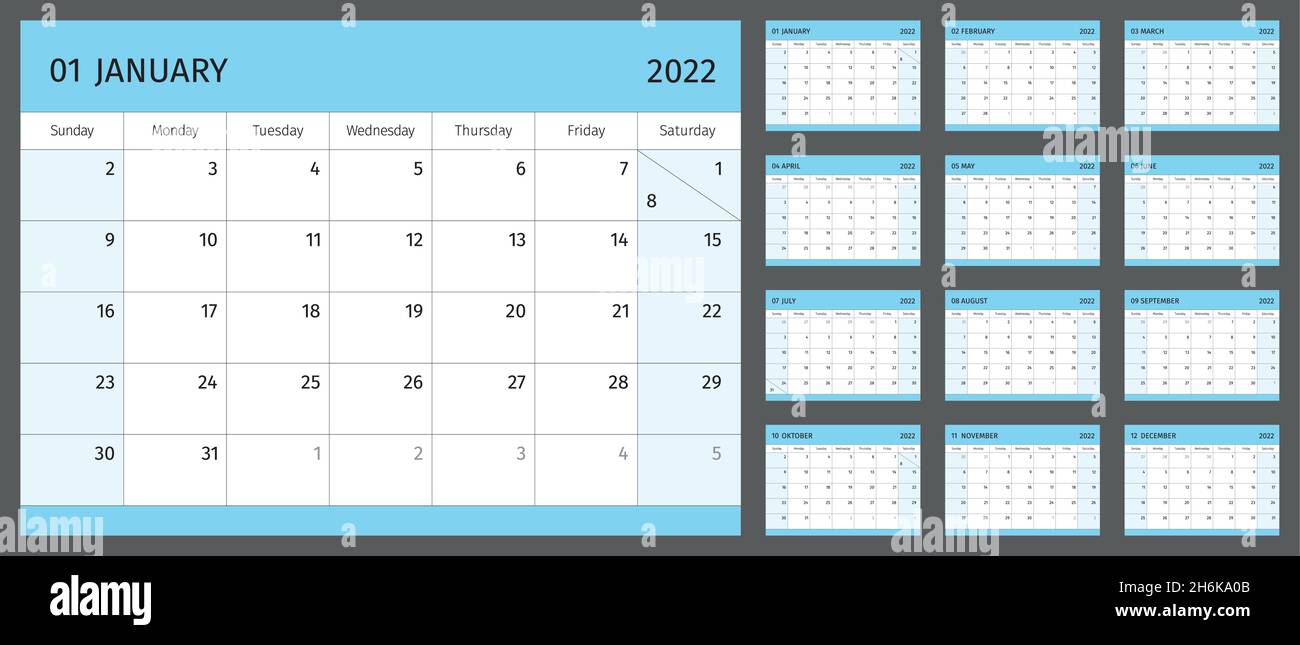 Calendario orizzontale per 2022 anni, 1 mese per pagina. Semplice griglia di calendario isolato su sfondo bianco, da domenica a lunedì, modello di business. LUN Illustrazione Vettoriale