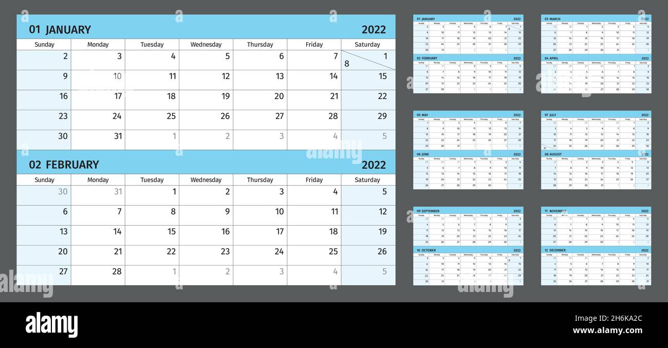 Calendario orizzontale per 2022 anni, 2 mesi su 1 pagina. Semplice griglia di calendario isolato su sfondo bianco, da domenica a lunedì, modello di business, leggere Illustrazione Vettoriale
