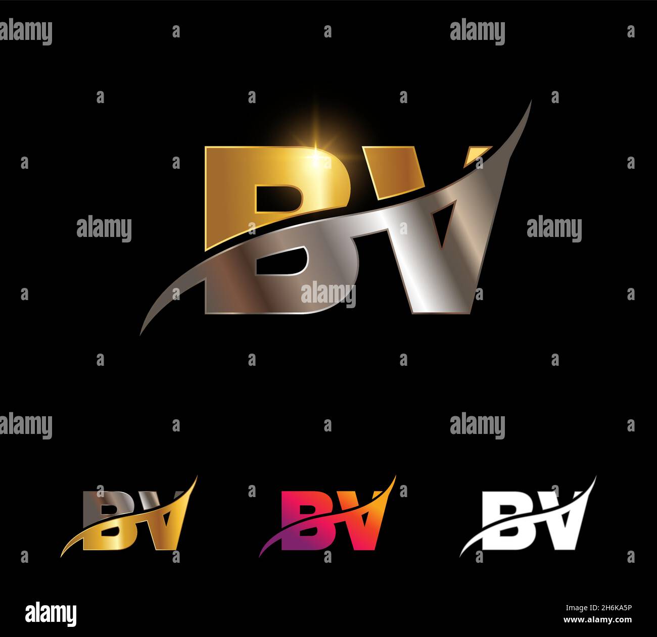 Un set di illustrazioni vettoriali di segno vettoriale del logo lettera BV del monogramma d'oro e d'argento Illustrazione Vettoriale