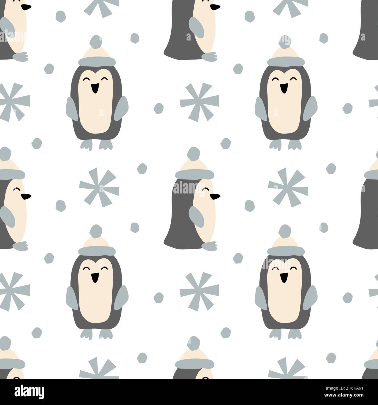 Pinguino di Natale e fiocchi di neve vettore senza cuciture modello scandinavo. Cute bambini sfondo invernale. Per bambini tessuto, stoffa, sfondo Illustrazione Vettoriale