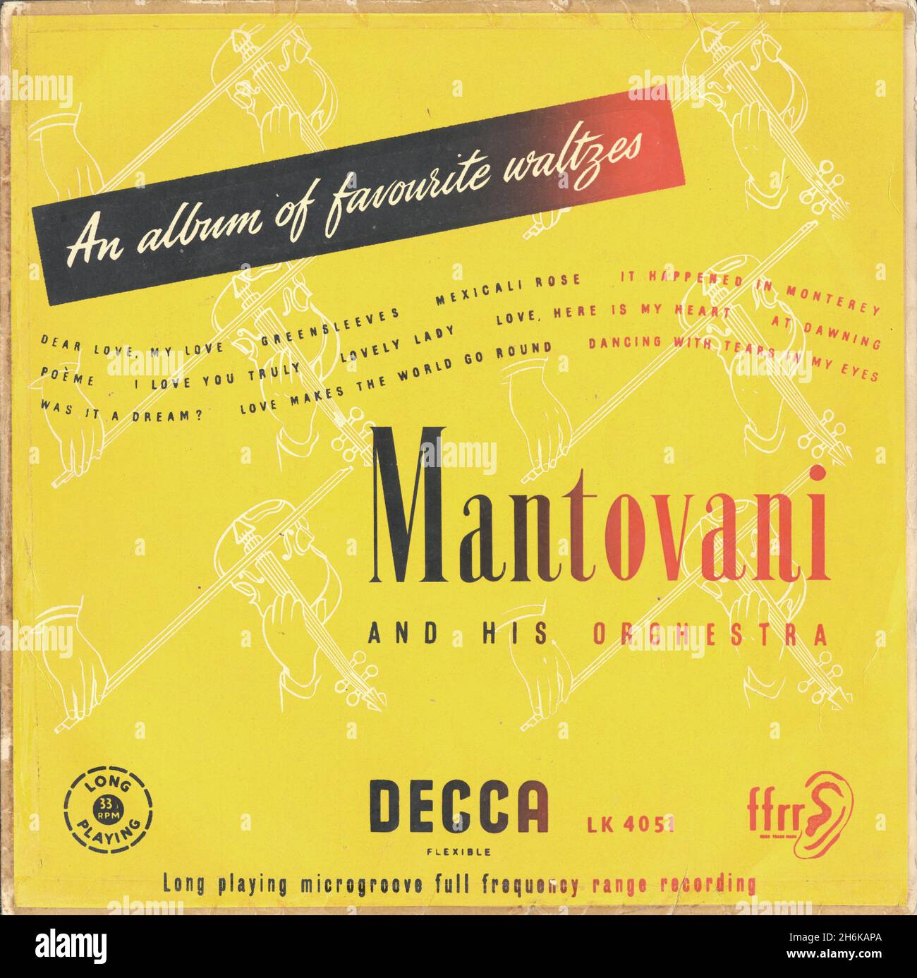 Mantovani e la sua orchestra un album dei Waltzes preferiti. Decca Records UK LK4051. 1952. Si tratta di una manica sperimentale prodotta dal processo serigrafico che alcune etichette hanno provato nei primi giorni del lungo album. Design a manicotto in vinile, arte, anni Cinquanta Foto Stock