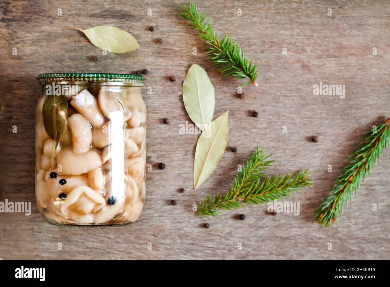 Conservazione fatta in casa. Funghi di Suillus marinati in vaso di vetro con coperchi in metallo. Disposizione piatta, vista dall'alto Foto Stock