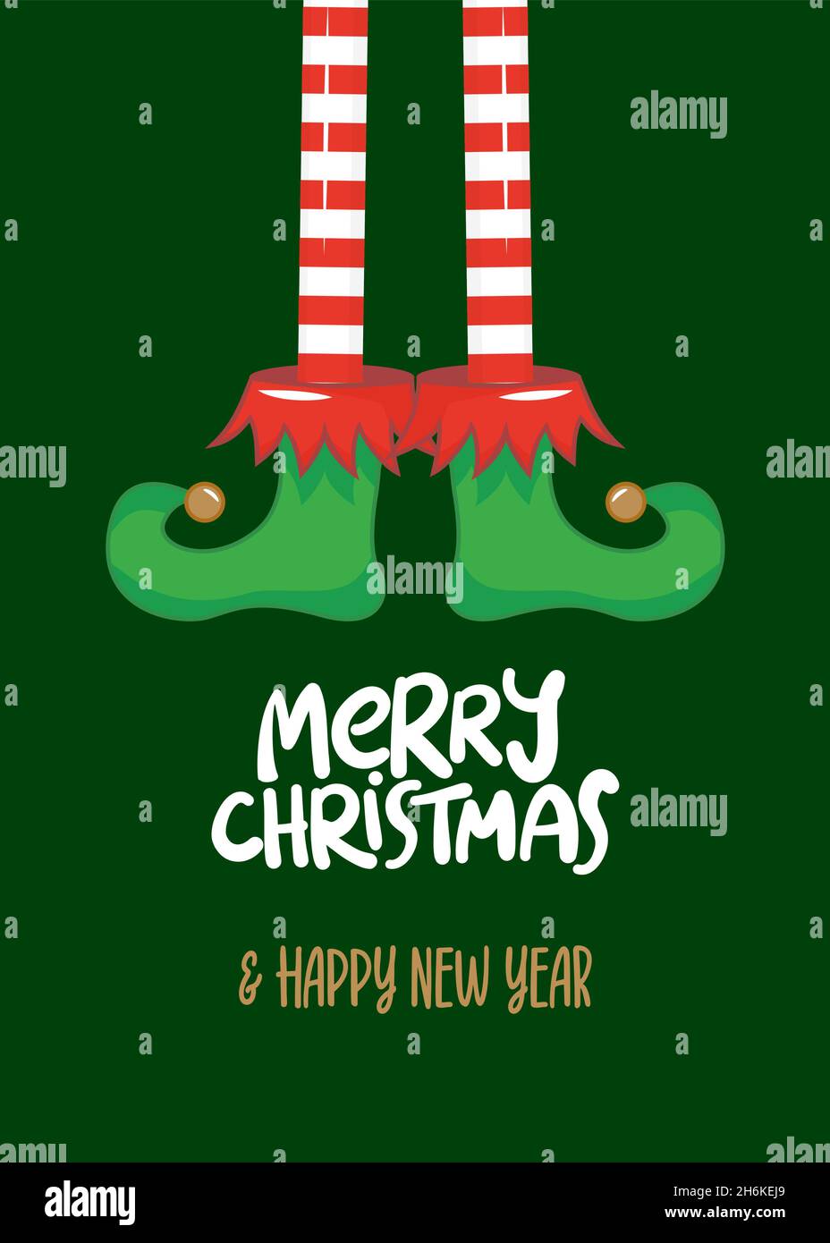 Buon Natale e felice anno nuovo - gambe di Funny Elf. Piccolo aiutante di Babbo Natale. Lettere disegnate a mano per biglietti d'auguri di Natale, inviti. Ideale per t-s. Illustrazione Vettoriale