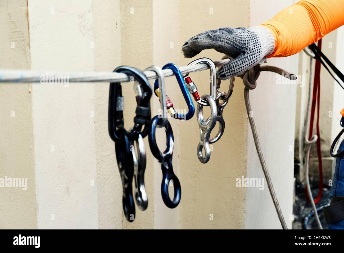 Attrezzatura di sicurezza per praticare il rapel. Salvador Bahia Brasile. Foto Stock