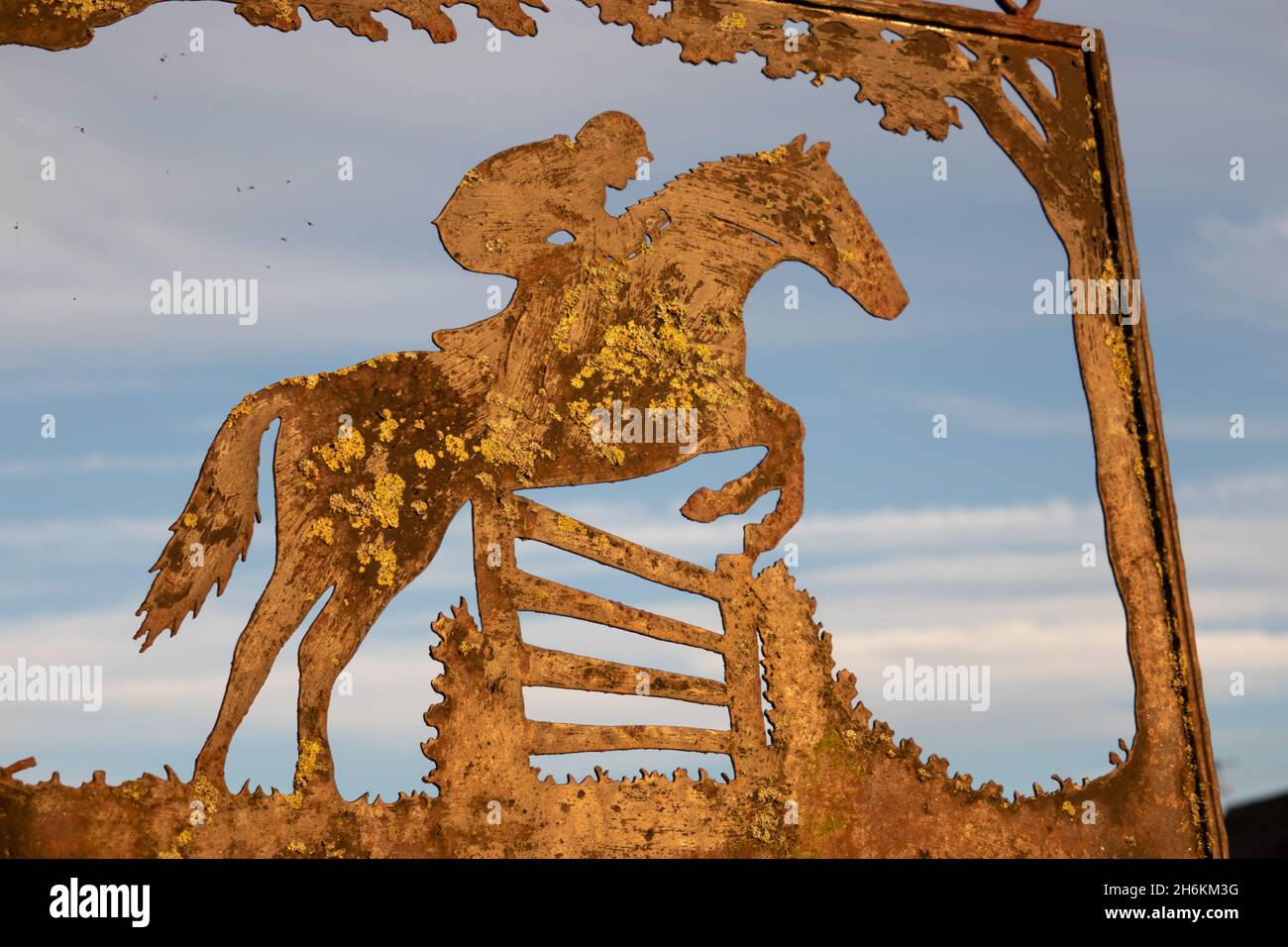 Segno di metallo invecchiato d'oro di un cavallo e un cavaliere che salta sopra il cancello - primo piano Foto Stock Segno di metallo invecchiato d'oro di un cavallo e un cavaliere che salta sopra il cancello - primo piano Foto Stock