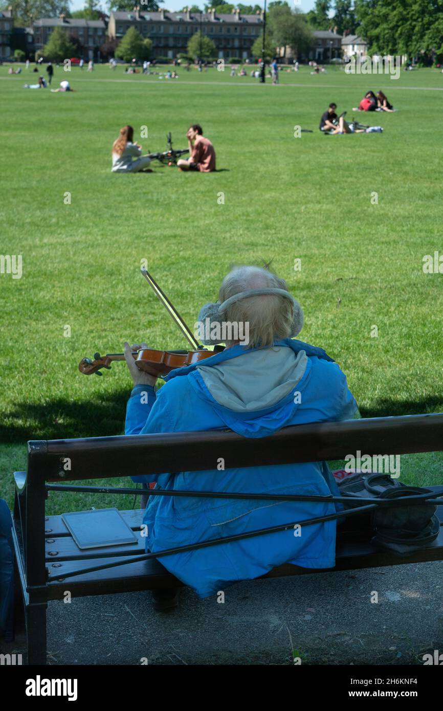 Schiena di uomo che indossa le cuffie seduti sul banco del parco che suona un violino con i giovani seduti sull'erba che si rilassano su Jesus Green Cambridge Inghilterra Foto Stock