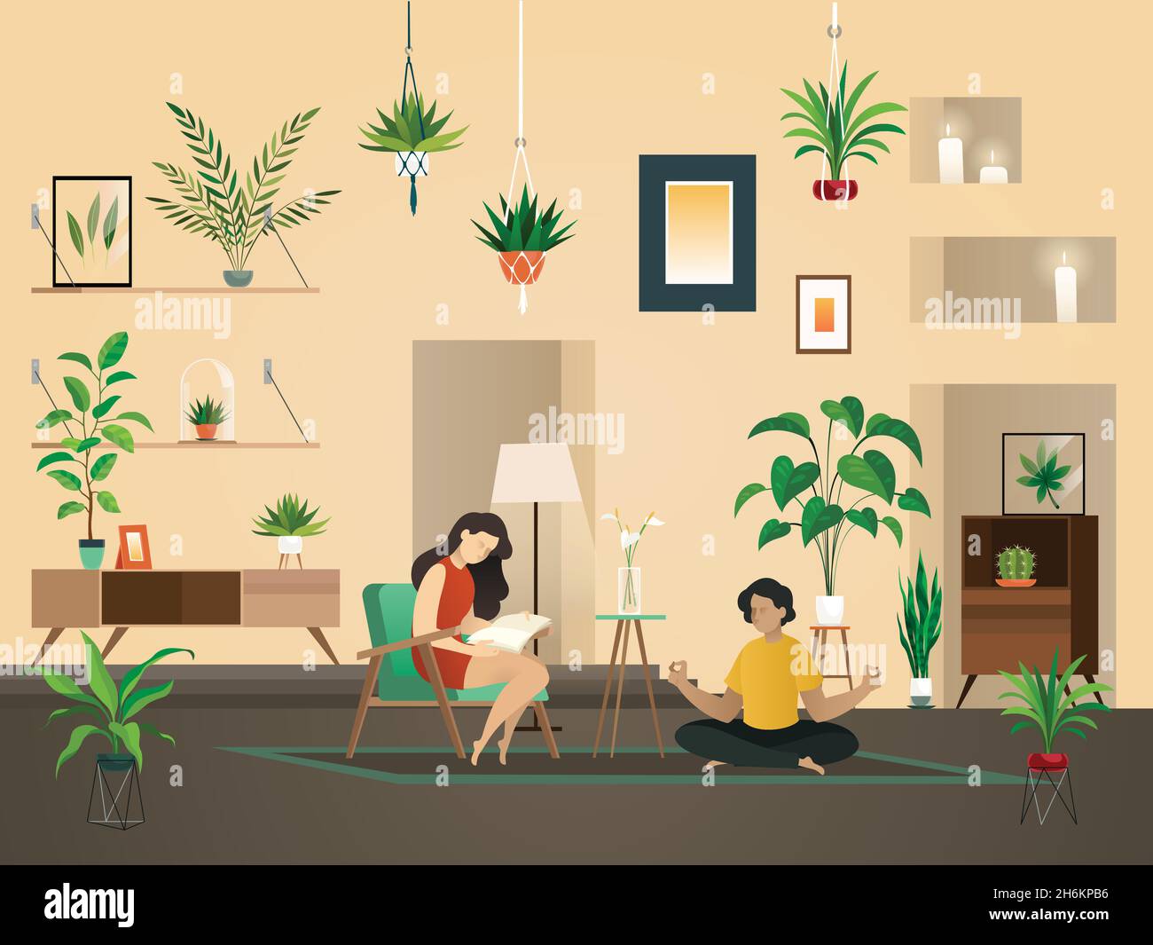 Piante in casa indoor. Giardino urbano con piantagione verde e persone in camera illustrazione vettoriale interno. Illustrazione Vettoriale