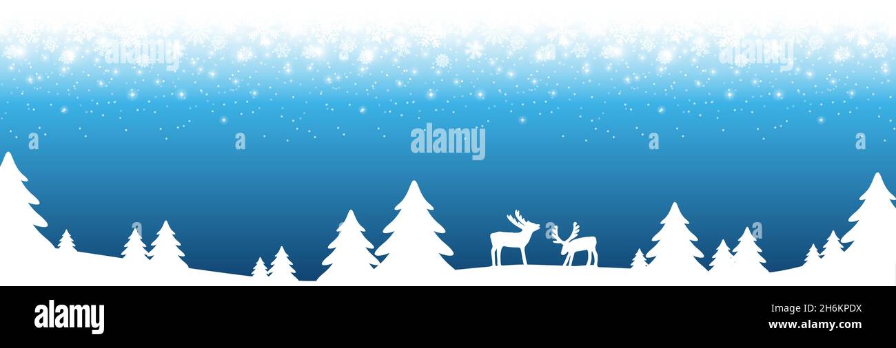 file vettoriale eps che mostra un'intestazione del panorama natalizio con caduta di neve e silhouette di alberi di foresta, sfondo colorato blu Illustrazione Vettoriale