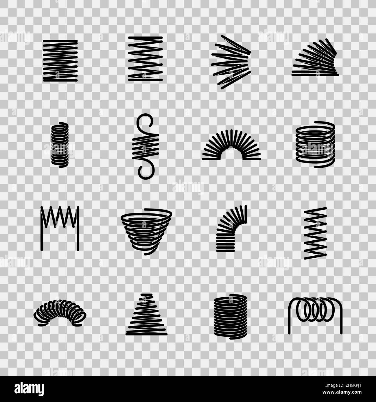 Molla in acciaio. Bobina a spirale molla flessibile in acciaio con filo di forma. Assorbimento delle icone dei vettori di linea dell'attrezzatura a pressione Illustrazione Vettoriale