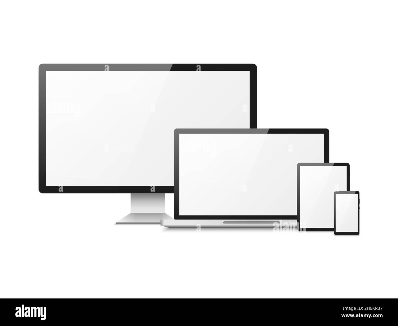 Computer realistico. Dispositivi notebook tablet telefono cellulare monitor smartphone, computer desktop schermo, reattive web layout Illustrazione Vettoriale Computer realistico. Dispositivi notebook tablet telefono cellulare monitor smartphone, computer desktop schermo, reattive web layout Illustrazione Vettoriale