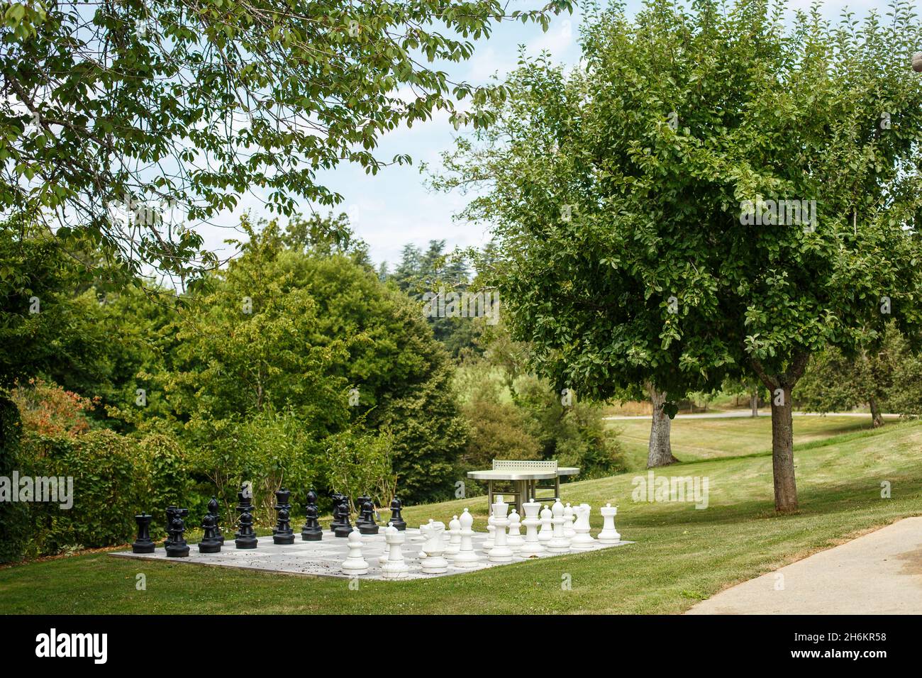Bordeaux, Francia - 2019: Scacchi giganti in piedi nel parco. Scacchiera tra erba verde e alberi. Concetto di giochi intellettuali all'aperto, tempo libero Foto Stock