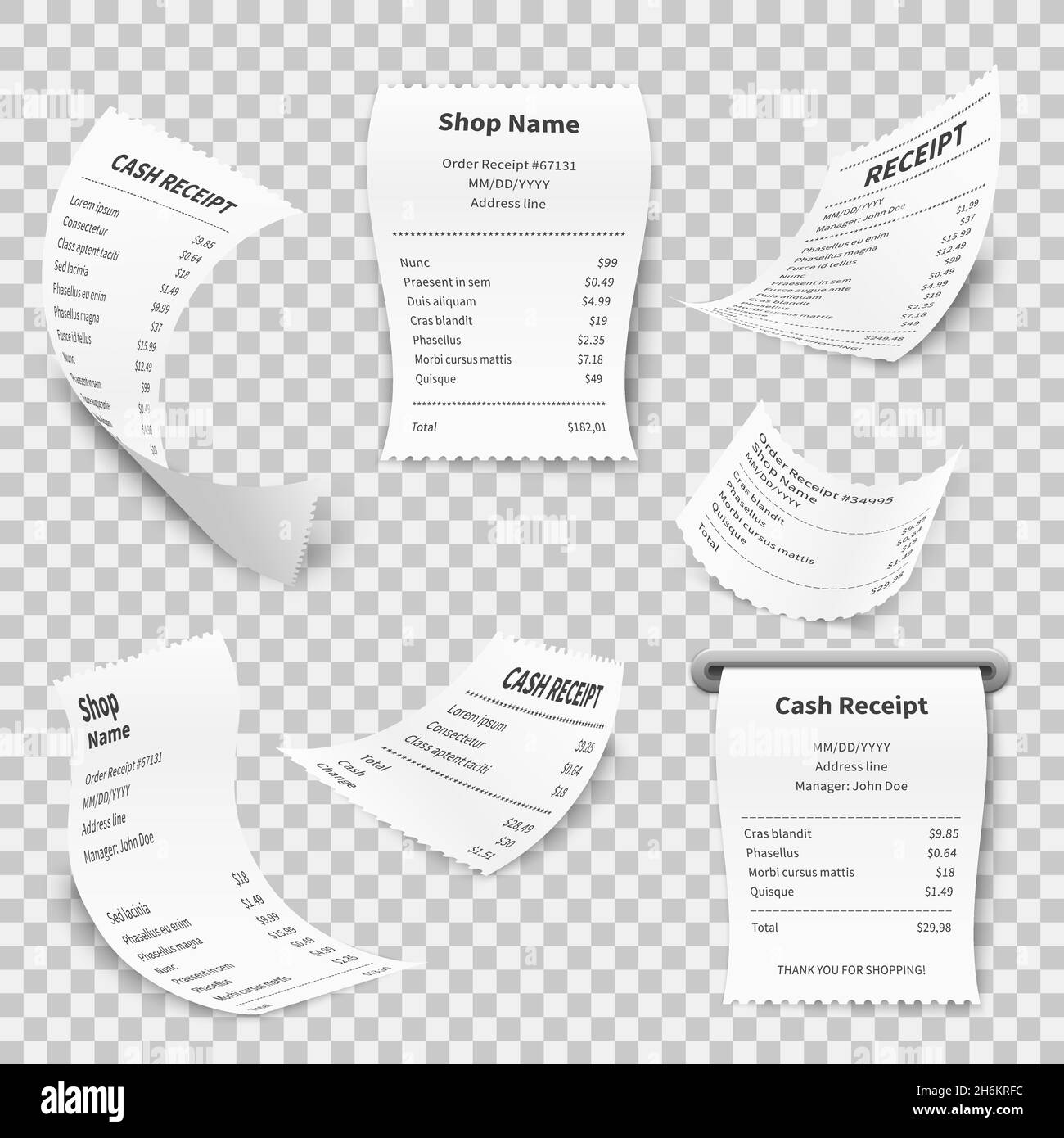 Ricezione realistica. Registratore di cassa vendite shopping ricevute stampa carta assegno supermercato, registro di pagamento fattura set Illustrazione Vettoriale