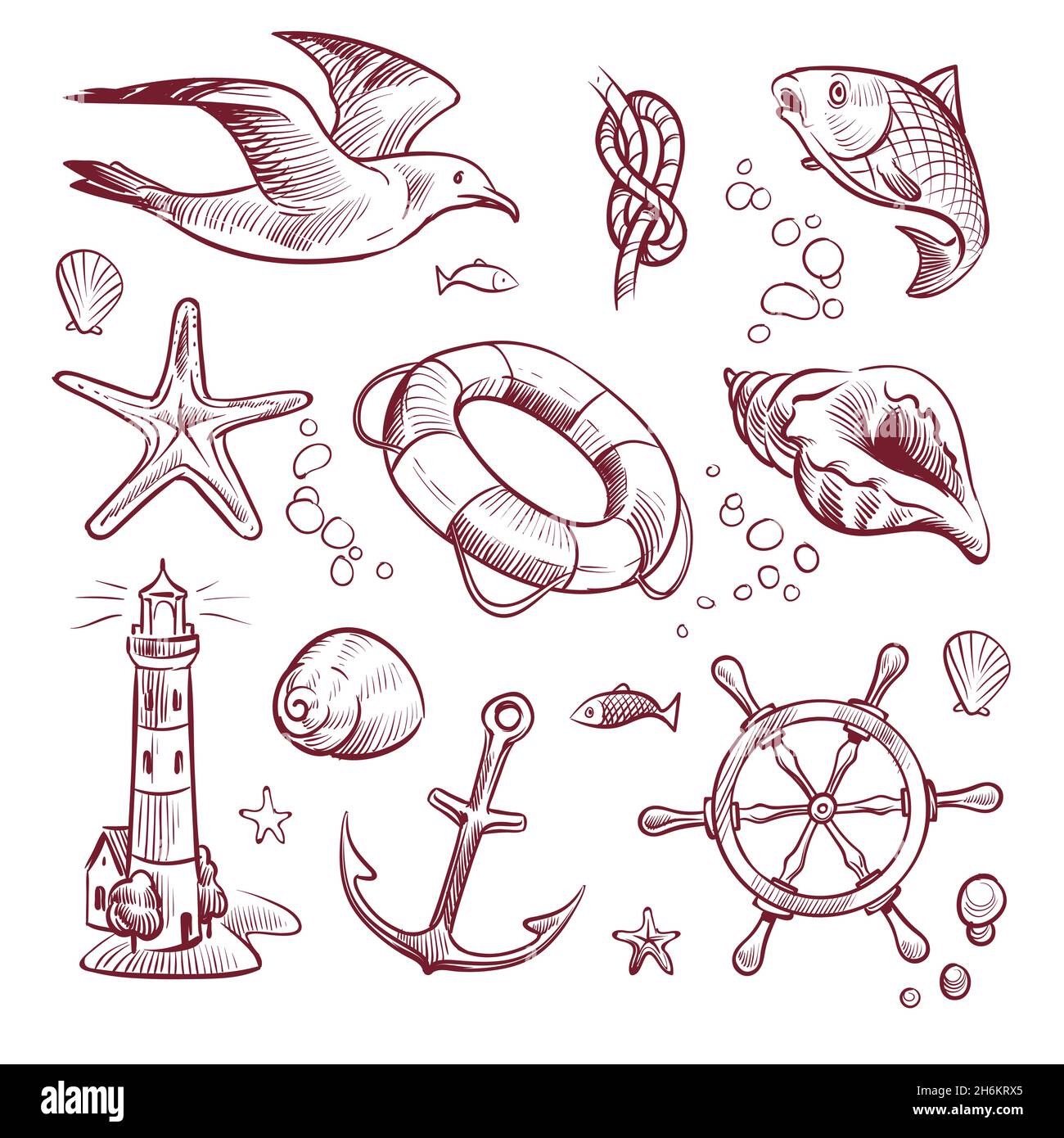 Disegna set marino. Mare oceano viaggio faro Seagull Starfish ancora volante pesce. Navy nautico disegnata a mano Illustrazione Vettoriale