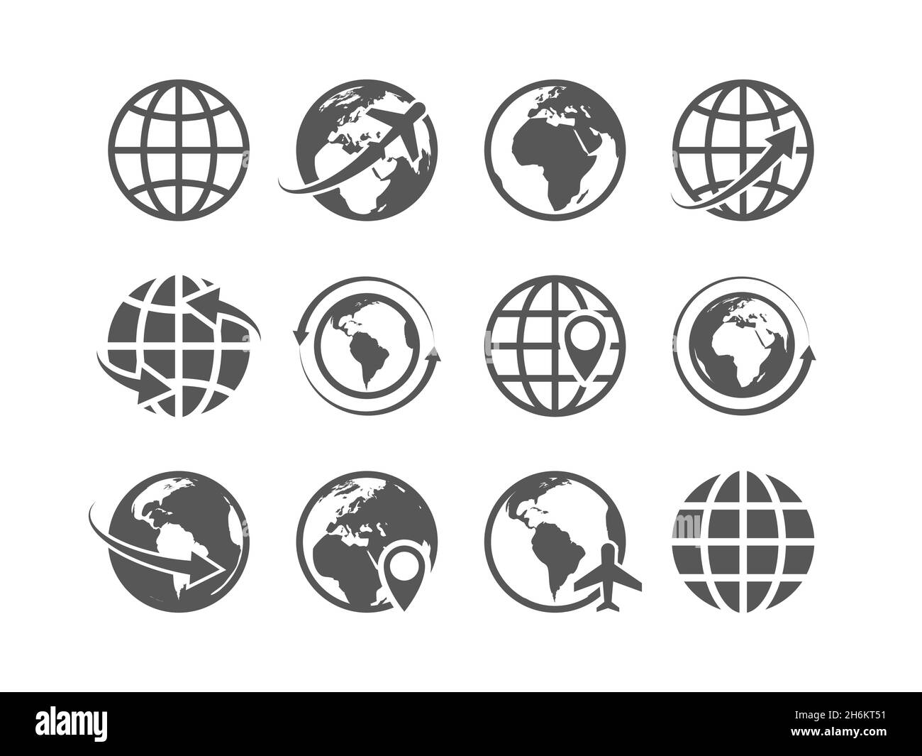 Icone del globo impostate. Mondo terra globo mappa internet commercio globale turismo simboli vettoriali Illustrazione Vettoriale