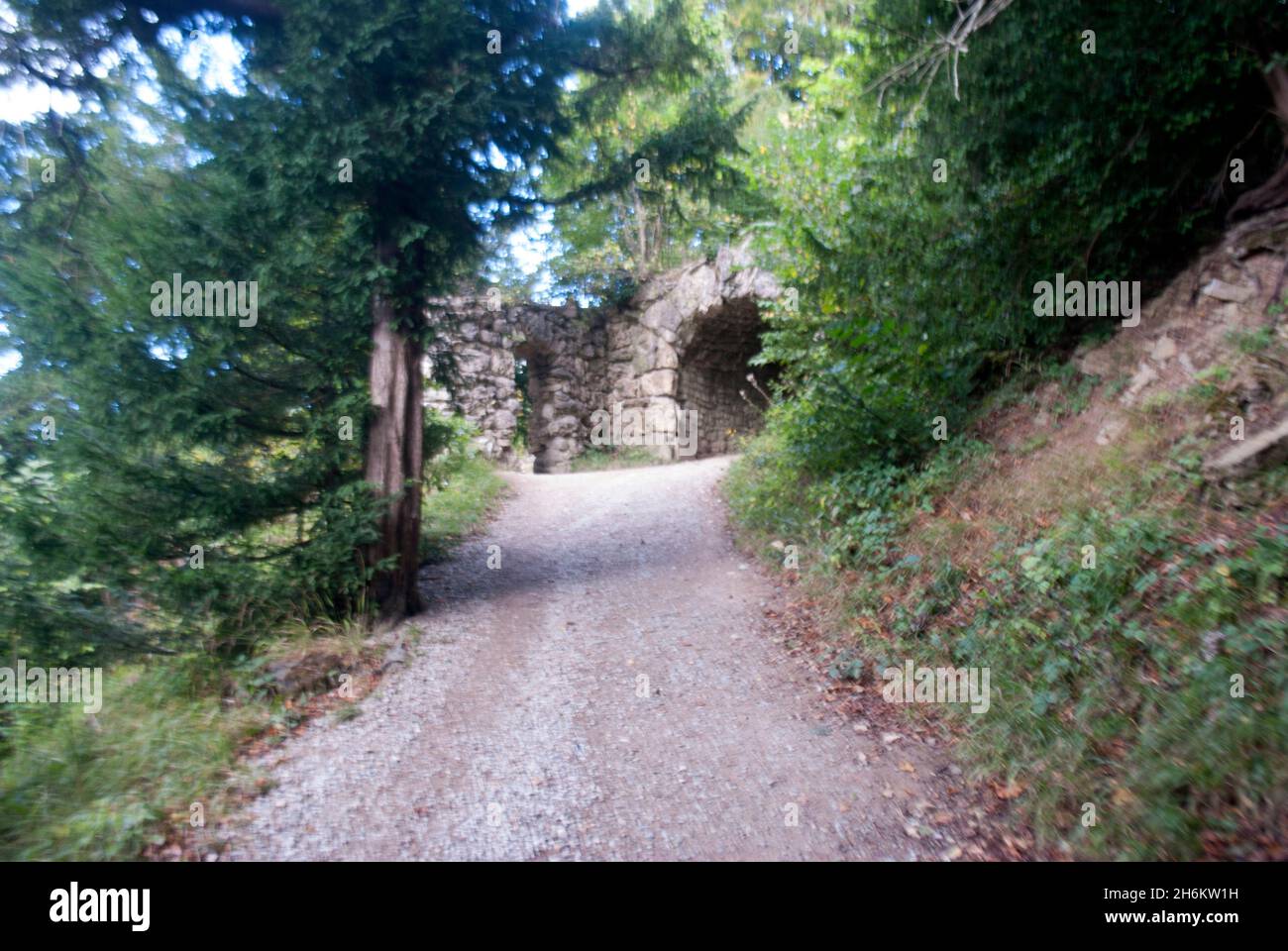 Percorso che conduce al tunnel Serpentine, al Giardino d'acqua reale di Studley, al Parco reale di Studley, all'Abbazia di Fountains, Aldfield, vicino a Ripon, North Yorkshire, Inghilterra Foto Stock