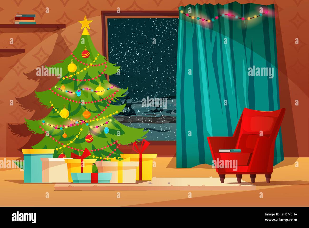 Accogliente soggiorno interno decorato per le vacanze di Natale. Illustrazione con albero di Natale, regali e finestra con paesaggio invernale. Illustrazione Vettoriale
