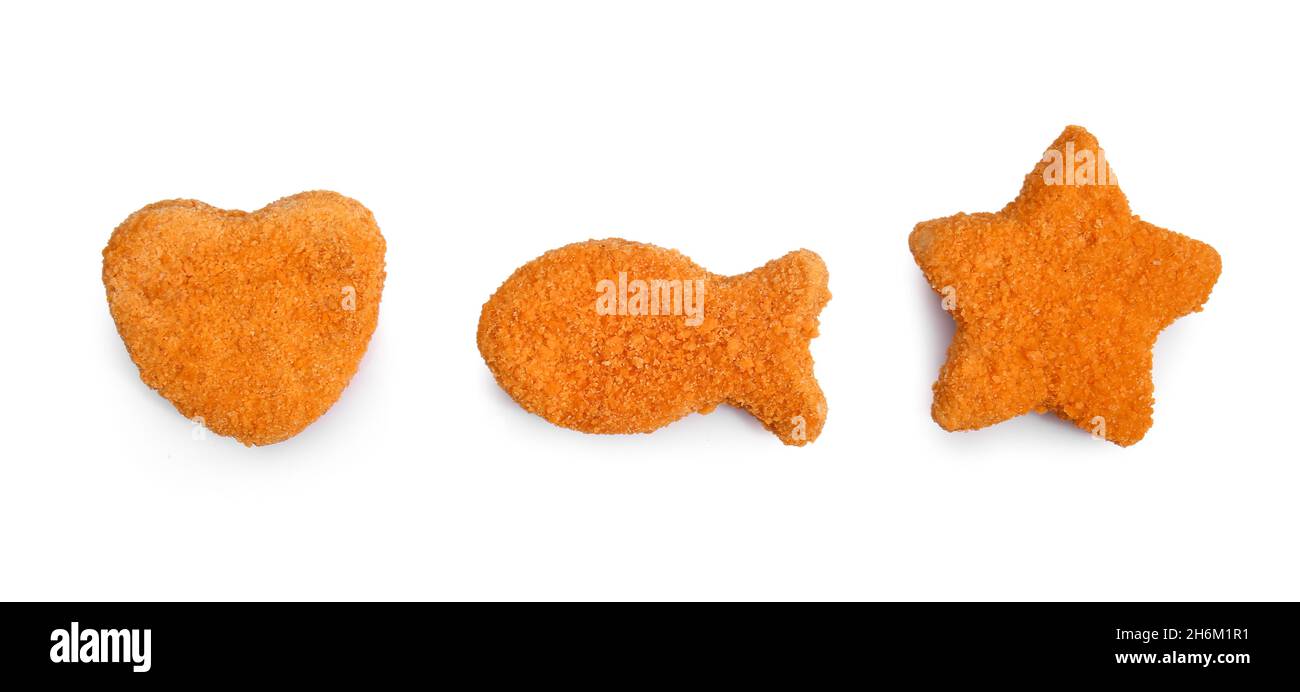 Gustosi pepite di pesce su sfondo bianco Foto Stock