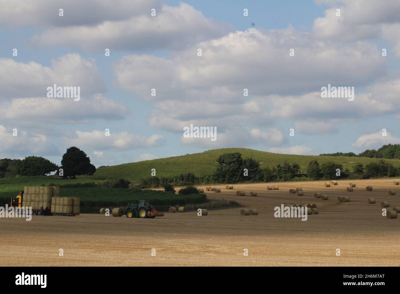 Balle rotonde di fieno impilate su un camion da un trattore per il trasporto fuori campo, in una giornata estiva vicino Wakefield West Yorkshire nel Regno Unito Foto Stock