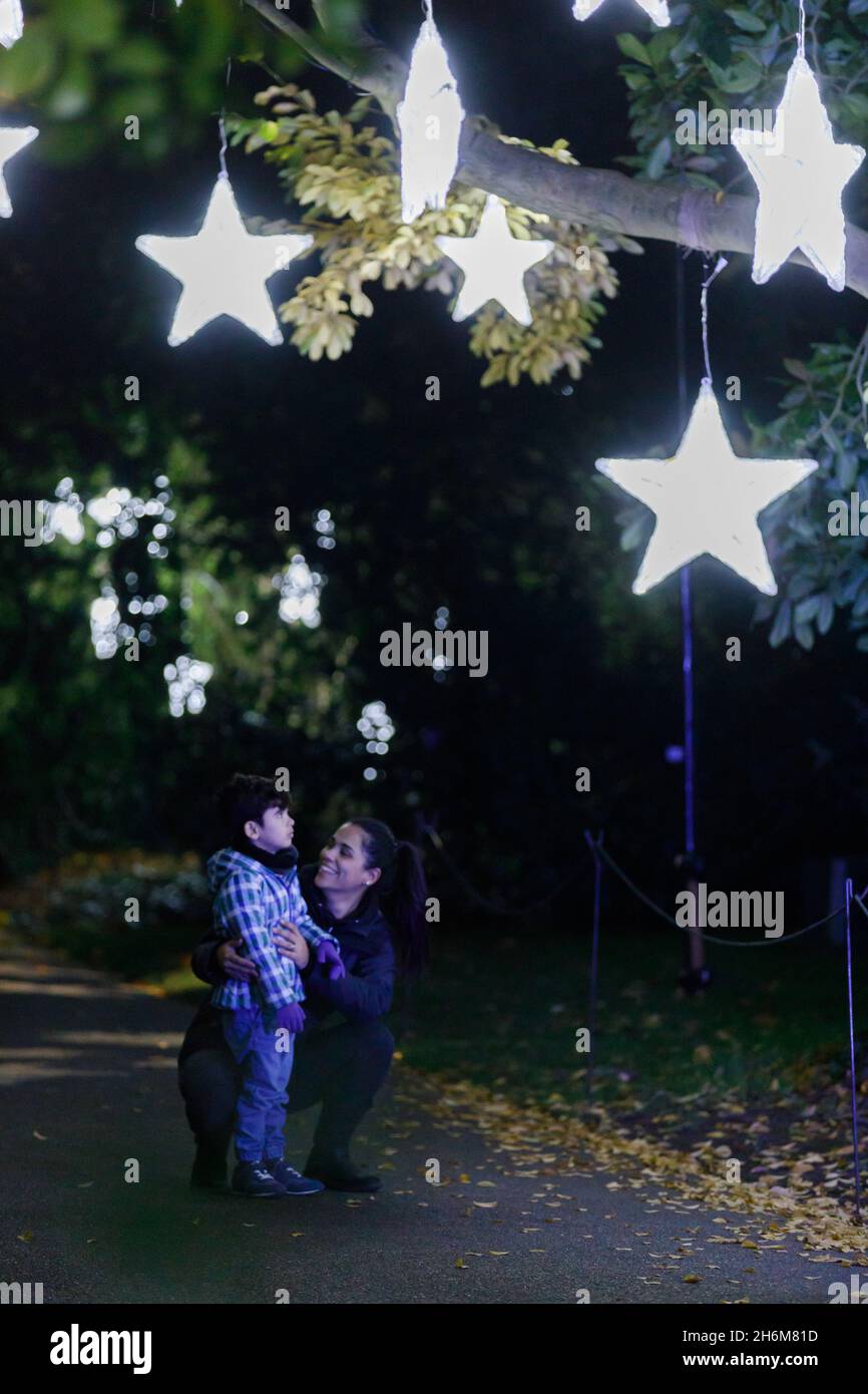Kew Gardens, Richmond, Regno Unito. 16 novembre 2021. Oltre un milione di luci scintillanti illuminano gli iconici giardini Kew mentre la loro esposizione di luci di Natale ritorna per un nono anno. Il Natale a Kew parte da mercoledì 17 novembre 2021 a domenica 9 gennaio 2022 Amanda Rose/Alamy Live News Foto Stock