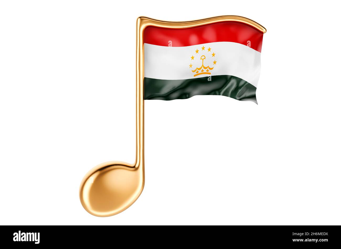Nota musicale con bandiera tagica. Musica in Tagikistan, concetto. Rendering 3D isolato su sfondo bianco Foto Stock