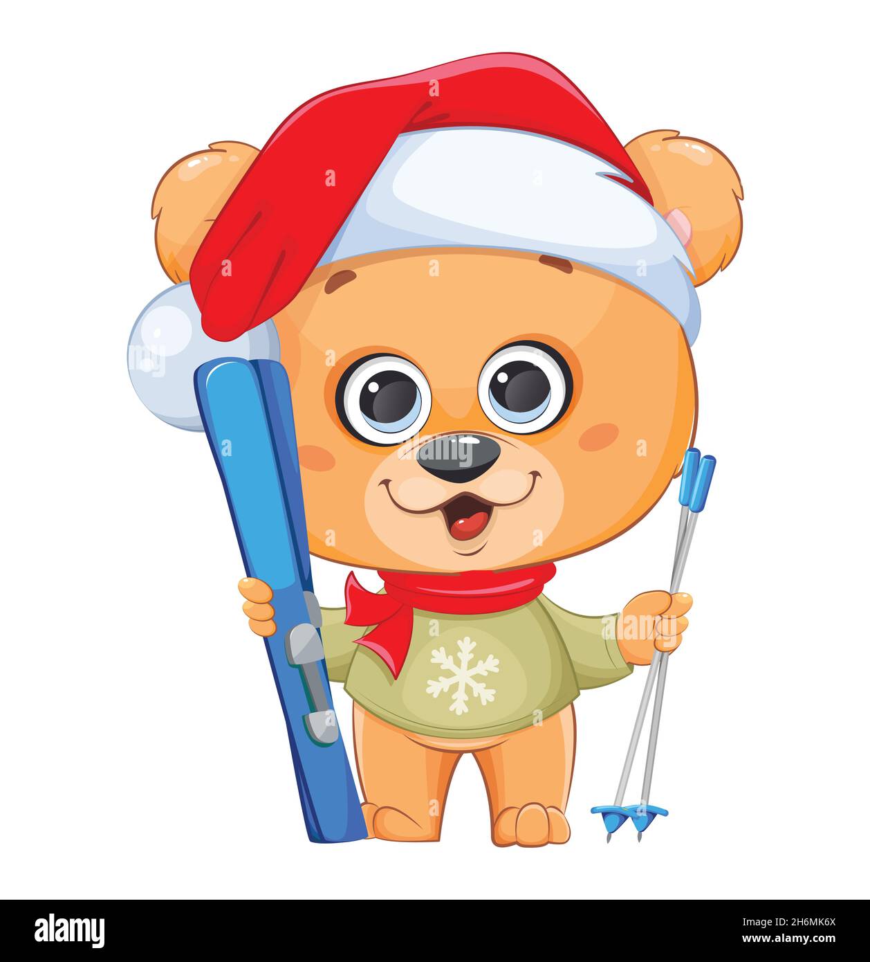 Buon Natale. Orso divertente in Santa cappello tenendo sci. Carino  personaggio cartoon orso piccolo. Illustrazione del vettore di scorta  Immagine e Vettoriale - Alamy