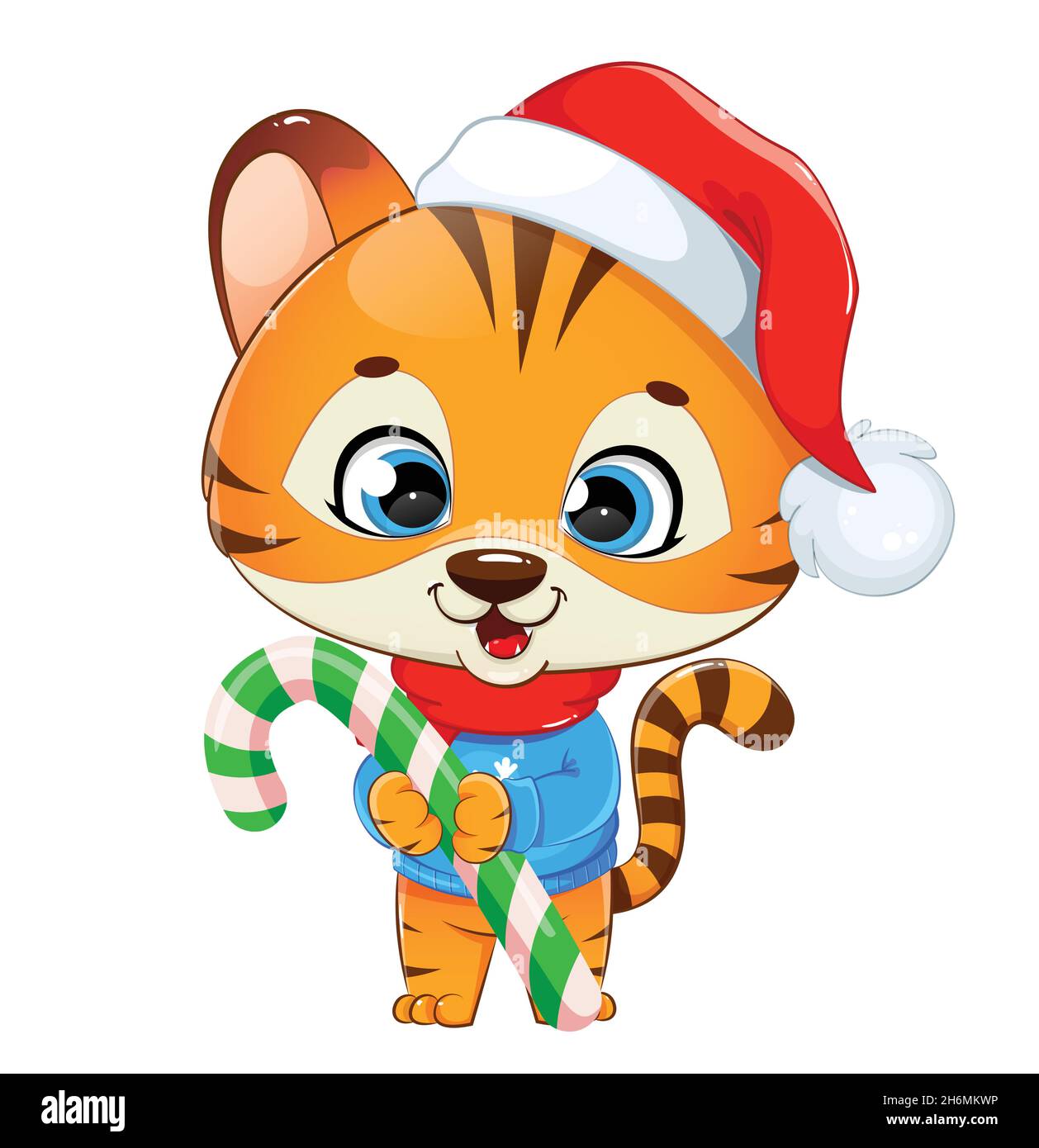 Buon Natale. Carino cucciolo di tigre in Santa Hat che tiene grande canna caramella. Personaggio cartoon della tigre del bambino. Illustrazione del vettore di scorta su sfondo bianco Illustrazione Vettoriale