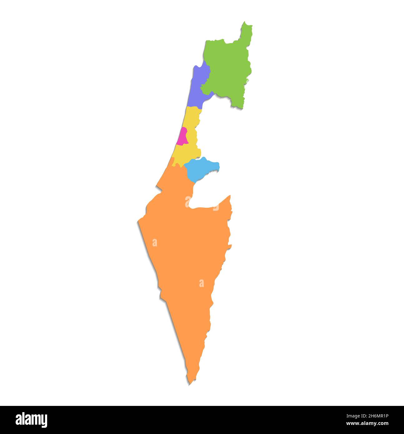 Mappa di Israele, divisione amministrativa, regioni individuali separate, mappa dei colori isolata su sfondo bianco, vuota Foto Stock