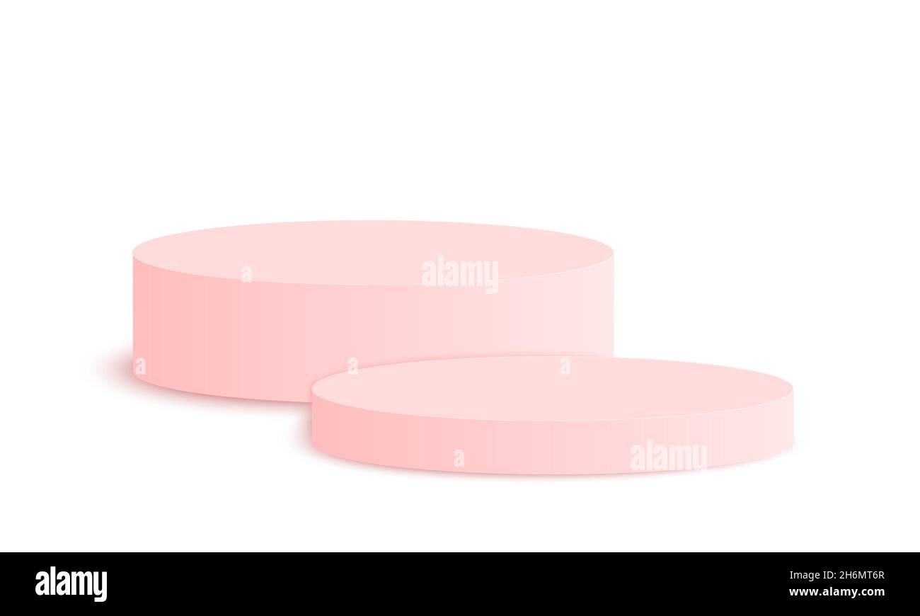 Podi rosa rotondo. Mockup a piedistallo vuoto per cosmetici, presentazione del prodotto. Piattaforma per vetrina cilindrica pulita isolata su sfondo bianco. Illustrazione vettoriale realistica in stile minimalistico. Illustrazione Vettoriale