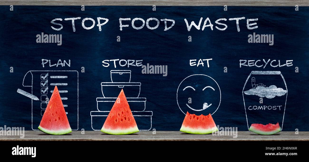 Stop food Waste text, modi per ridurre i rifiuti alimentari utilizzando il cocomero, ridurre l'impronta di carbonio attraverso la vita sostenibile e zero rifiuti Foto Stock