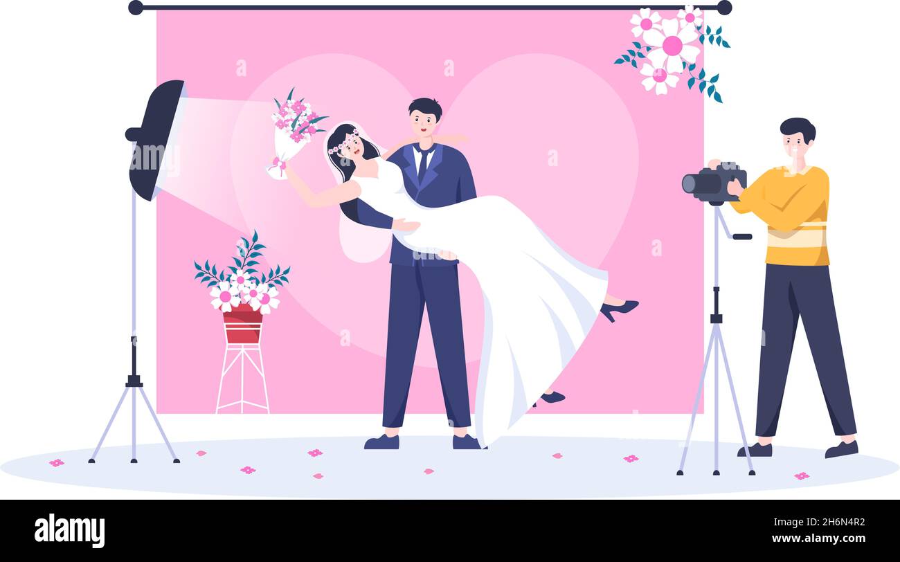 Studio per matrimoni Photo Flat Design. Fotografo Shooting modello uomo e donne con un tema matrimonio o coppia nuziale utilizzare fotocamera in Cartoon stile Vector Illustrazione Vettoriale