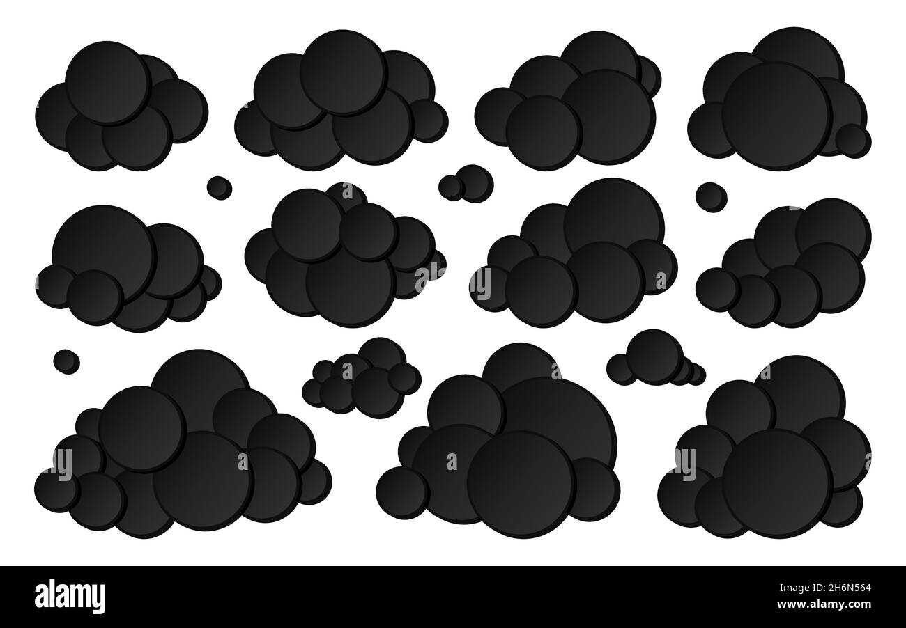 Carta nuvolosa tagliata nera, set piatto. 3D bolla tempo coperto infoboard pubblicità cartolina banner bianco spazio vuoto. Adesivo vendita promozione info sconto etichetta icona meteorologia cartoon isolato Illustrazione Vettoriale