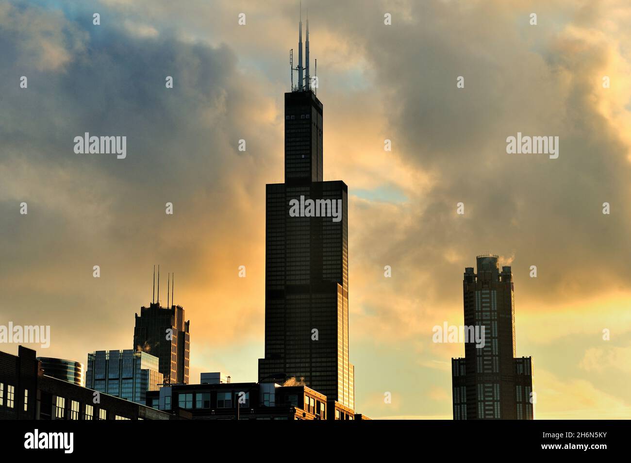 Chicago, Illinois, Stati Uniti. In una mattinata di marzo, la Willis Tower (ex Sears Tower) raggiunge le nuvole. Foto Stock