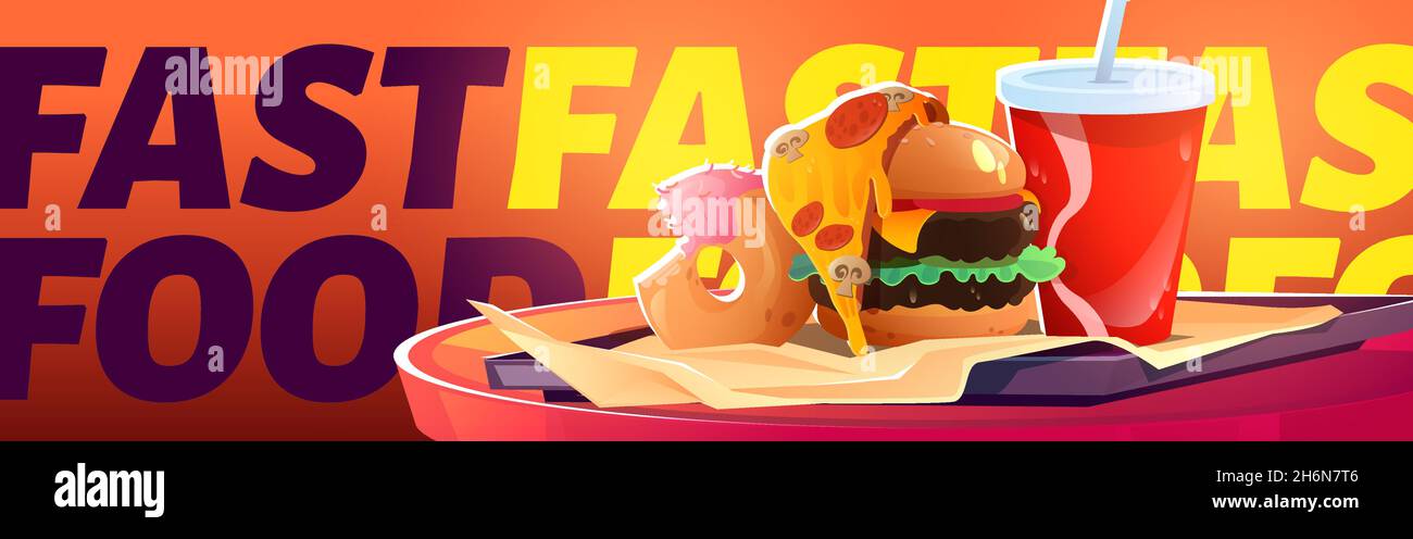 Poster fast food con hamburger, pizza, ciambelle e drink sul vassoio Vector flyer con cartoon illustrazione di spuntino caldo gustoso con carne e formaggio, hamburger e cola fredda in tazza di plastica Illustrazione Vettoriale