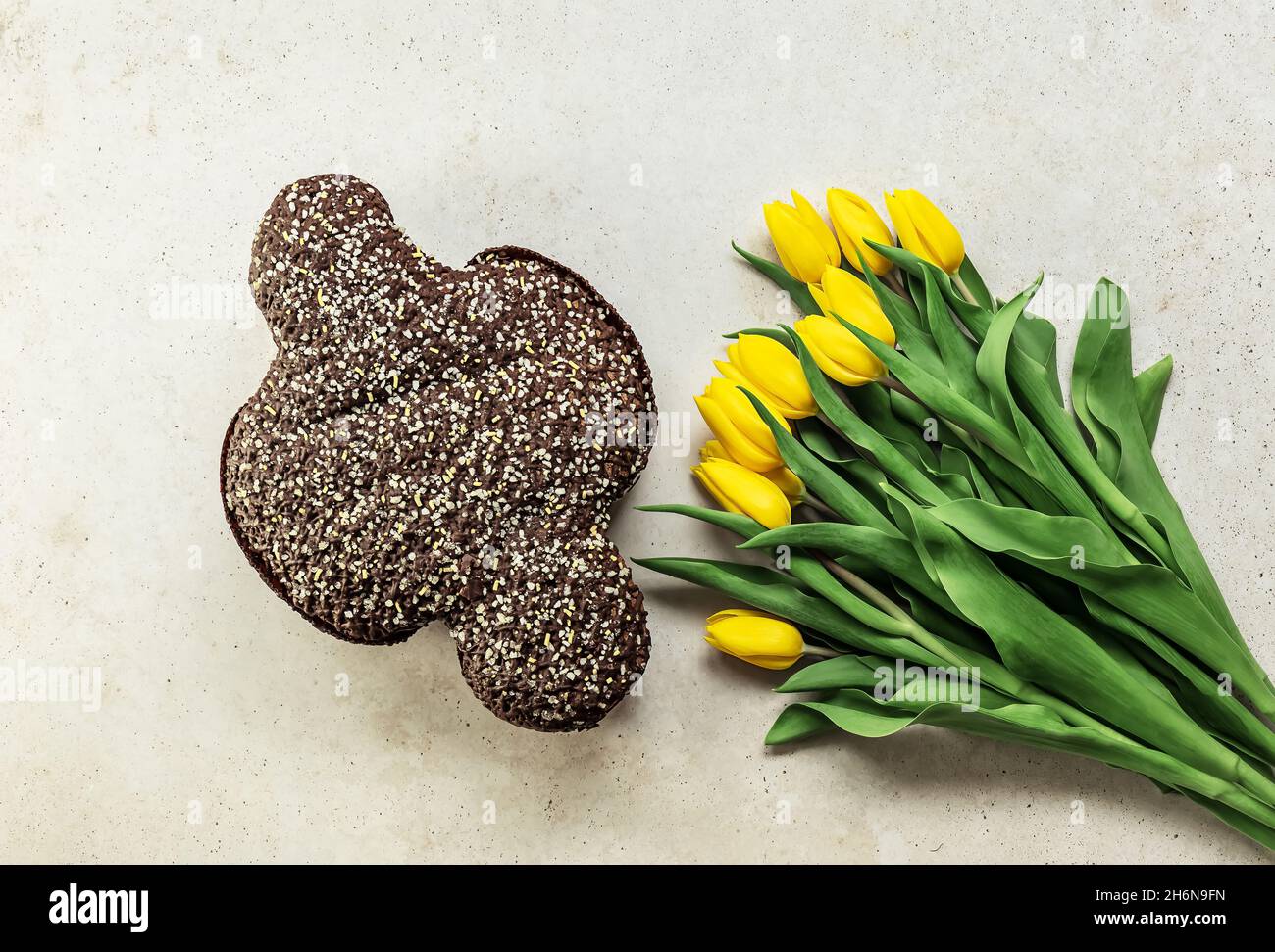 Tradizionale torta di Pasqua italiana con cioccolato, Colomba di Pasqua o Pasqua dove. Delizioso pane dolce fatto con lievito. Foto Stock