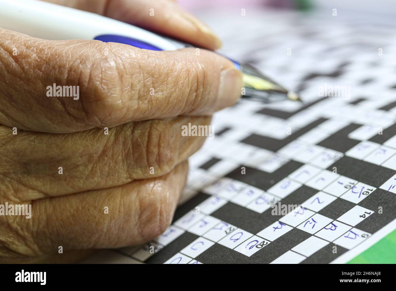 Immagine generica delle mani anziane femminili usando una penna per riempire un puzzle di cruciverba. Foto Stock