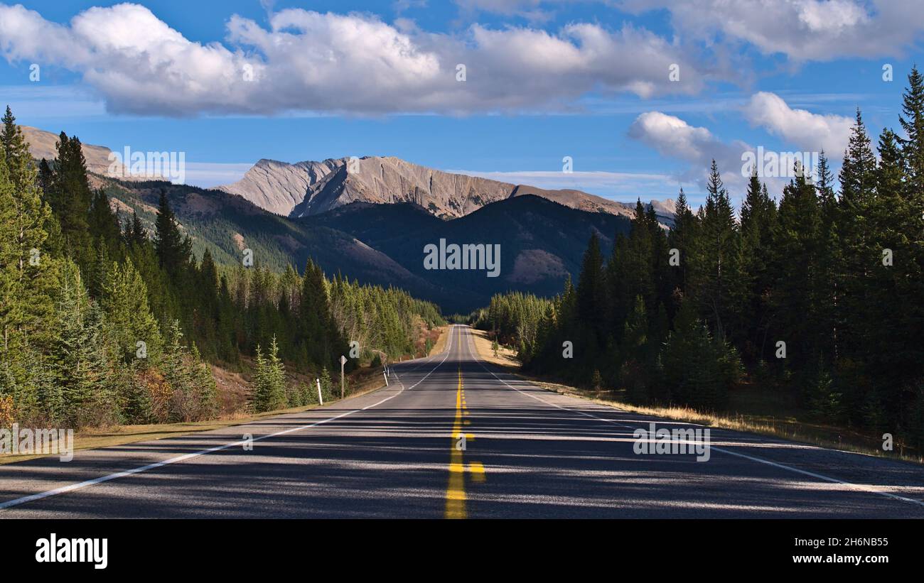 Bella vista del Kananaskis Trail (autostrada 40) in Alberta, Canada nelle Montagne Rocciose con prospettiva decrescente nel sole pomeridiano in autunno. Foto Stock