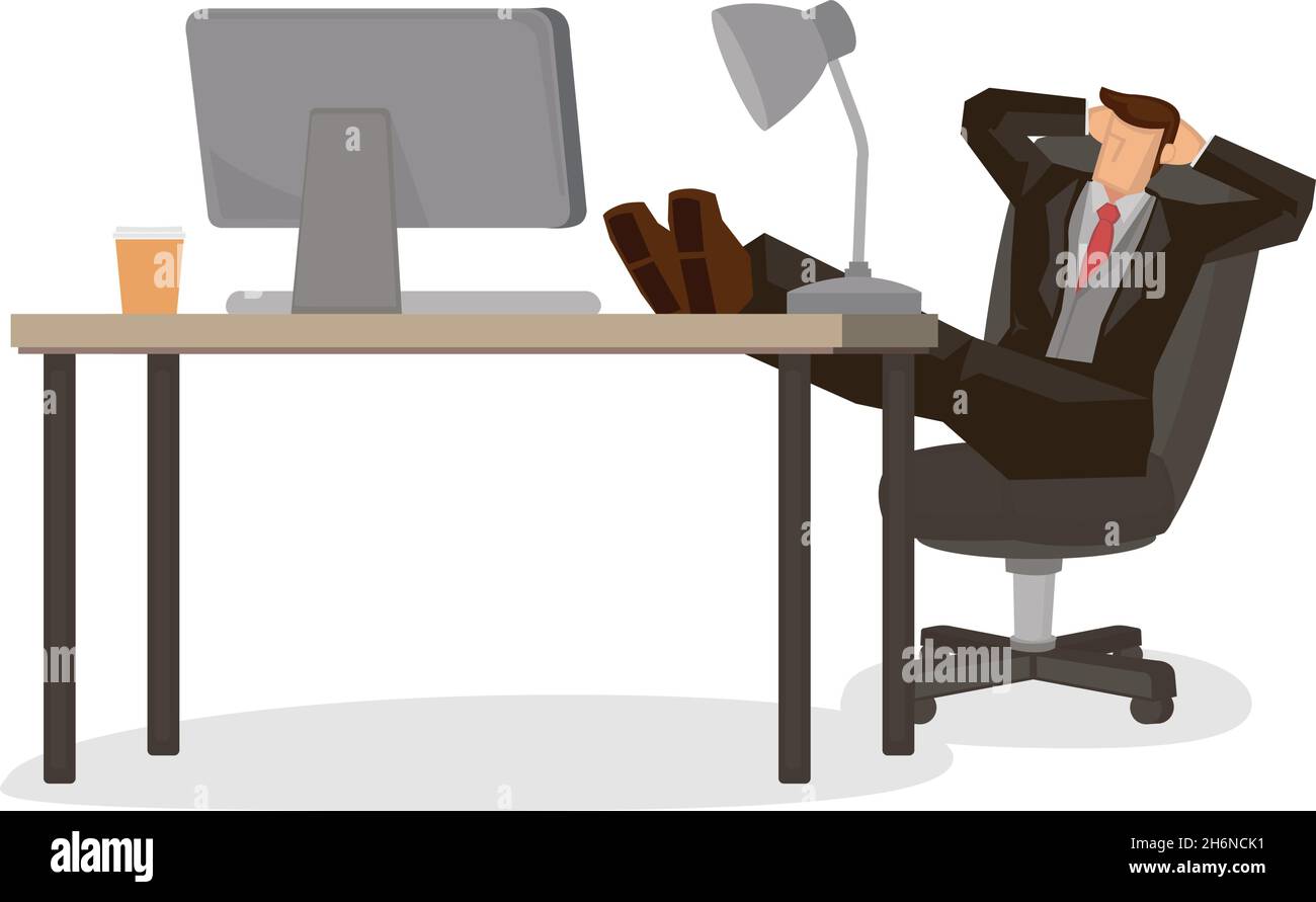 Il manager felice si siede su una sedia con i piedi sul tavolo. Concetto di successo aziendale. Illustrazione vettoriale piatta. Illustrazione Vettoriale