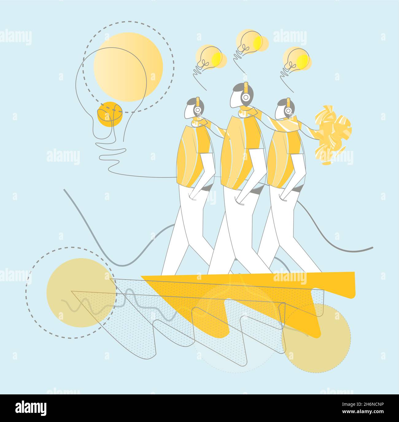 Bright Ideas lightbulb momento concetto di illustrazione vettoriale, grande idea pensare su uno sfondo giallo con nuvole e cods. Illustrazione Vettoriale