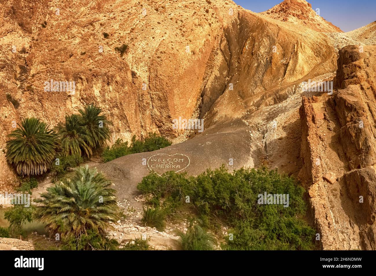 Vista dell'oasi di montagna di Shebika, nel mezzo del deserto del Sahara, Tunisia Foto Stock