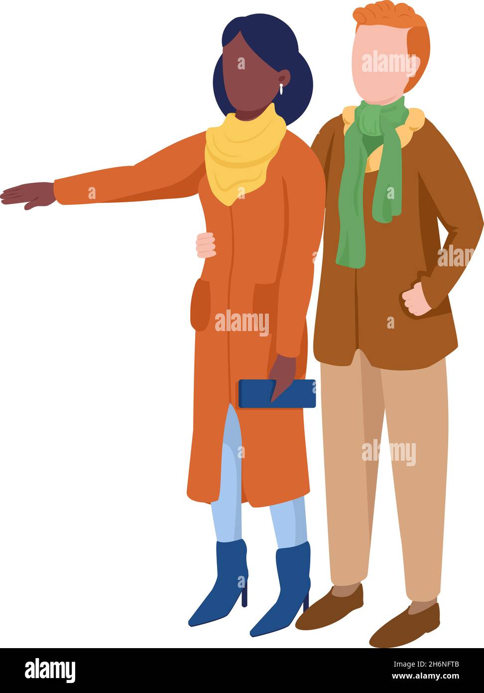 Coppia in cappotti scegliendo semi-piatto colore vettoriale caratteri Illustrazione Vettoriale