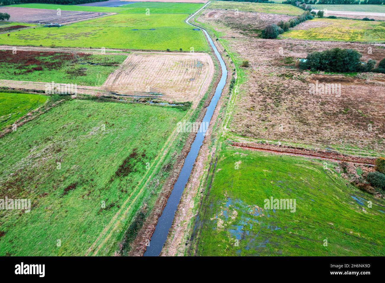 Suedradde, mosaico di terreni agricoli e area di conservazione della natura a destra e a sinistra del fiume, immagine drone, Lindern, bassa Sassonia, Germania Foto Stock