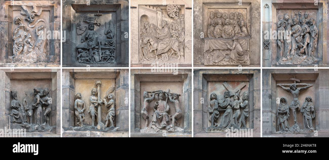 Rilievi della Passione medievale presso la Chiesa di San Sebald, Norimberga, Franconia media, Baviera, Germania Foto Stock