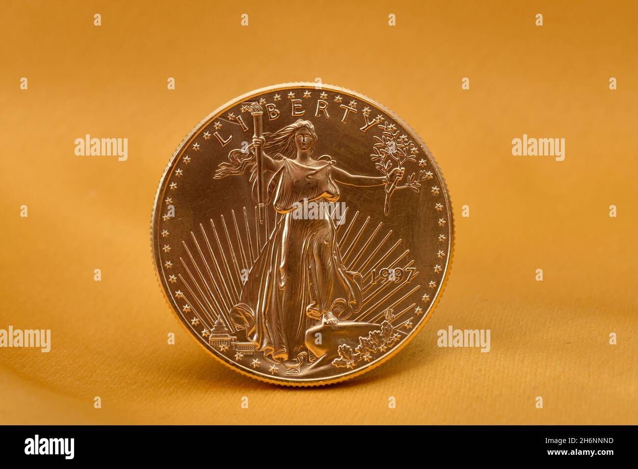 Physical Gold Coin 1 oz American Gold Eagle Obverse Lady Liberty Foto Stock